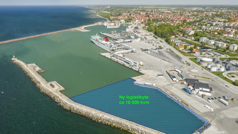 Illustration av storleken på ny logistikyta i Visby hamn.