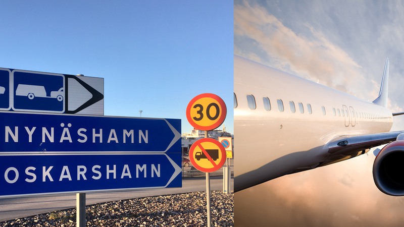 Bildmontage. Trafikskyltar som visar färjetrafiken mot Nynäshamn och Oskarshamn samt en bild på en flygplansvinge.