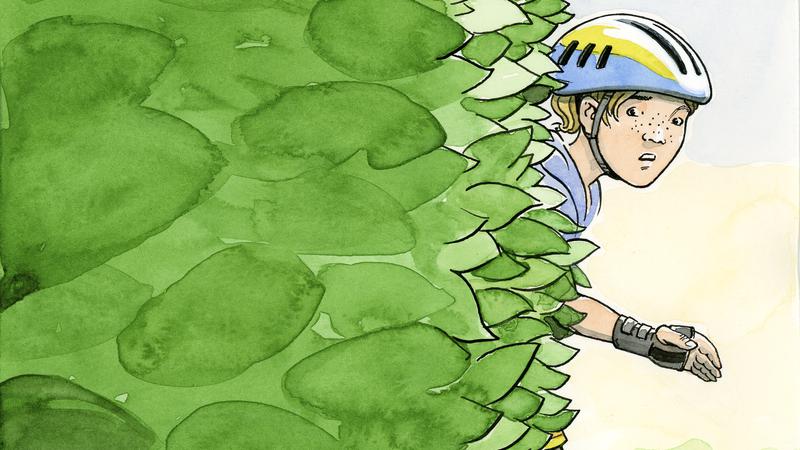 Illustration där ett barn med cykelhjälm sticker ut bakom en buske.