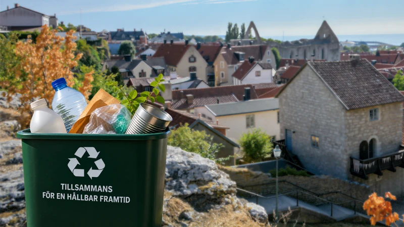 En grön sophink med avfall på en stenmur i Visby.
