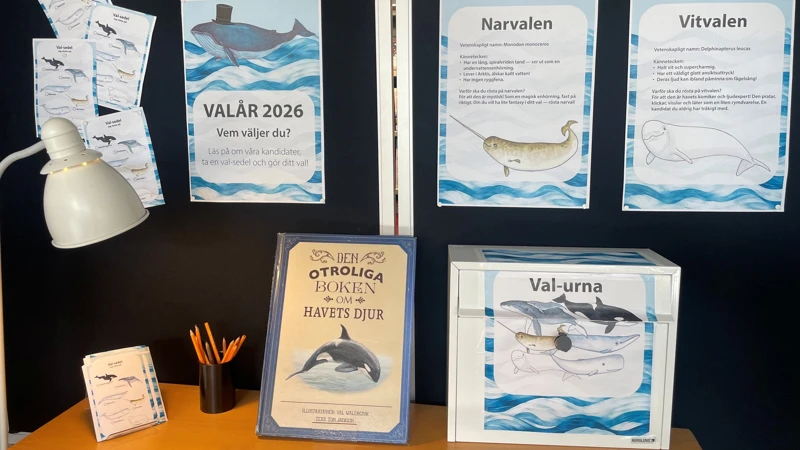 Affischer med olika valar.