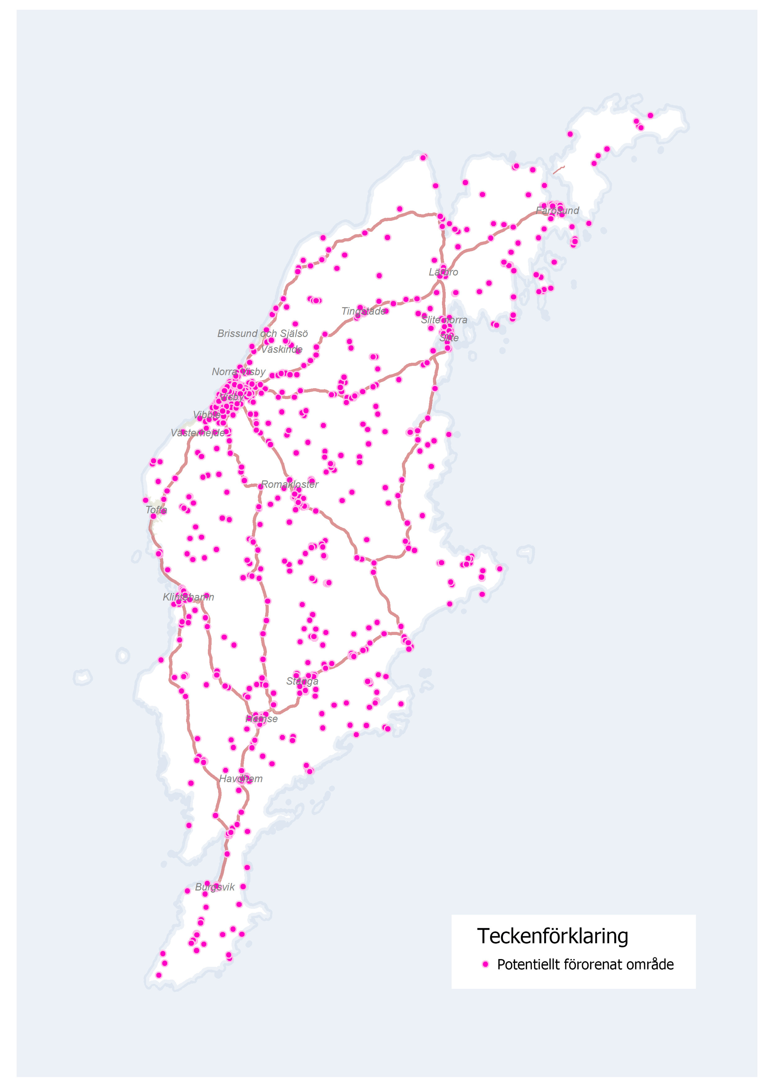 Karta över Gotland med potentiellt förorenade områden markerade.
