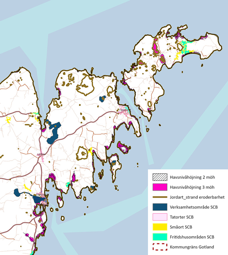 Karta över Gotland med områden under +2 meter över havet, områden under +2-3 meter över havet samt erosionsrisk markerade.