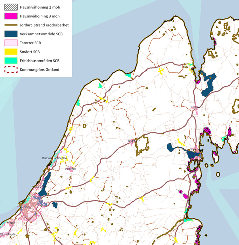 Karta över mellersta Gotland med områden under +2 meter över havet, områden under +2-3 meter över havet samt erosionsrisk markerade.