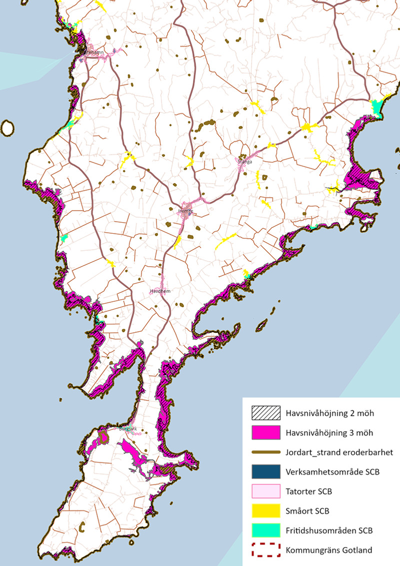 Karta över södra Gotland med områden under +2 meter över havet, områden under +2-3 meter över havet samt erosionsrisk markerade.