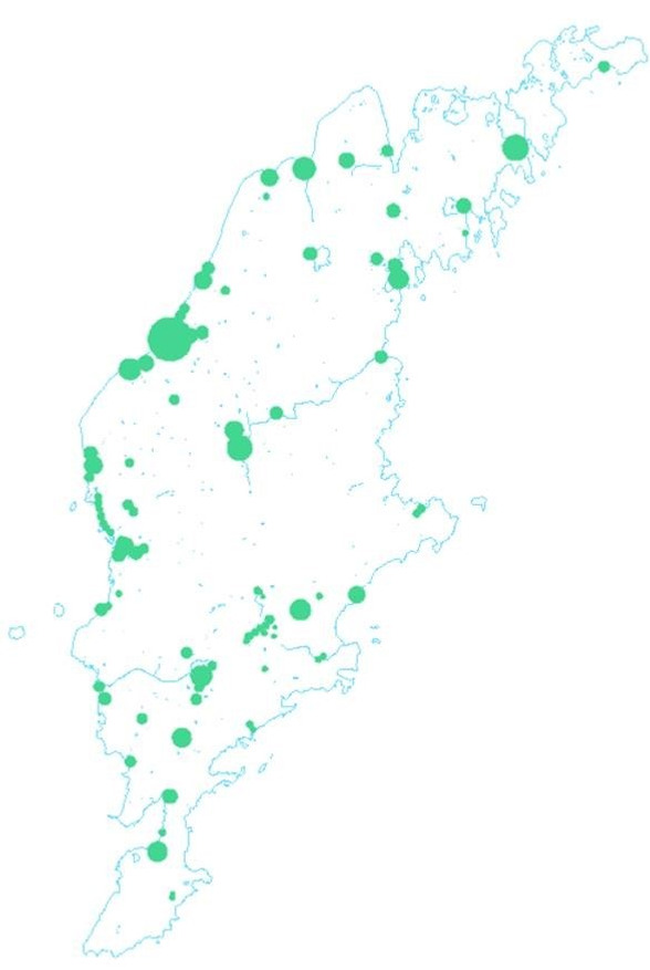 Karta över Gotland med kommunala verksamhetsområden för allmänt vatten och avlopp markerade med gröna prickar.