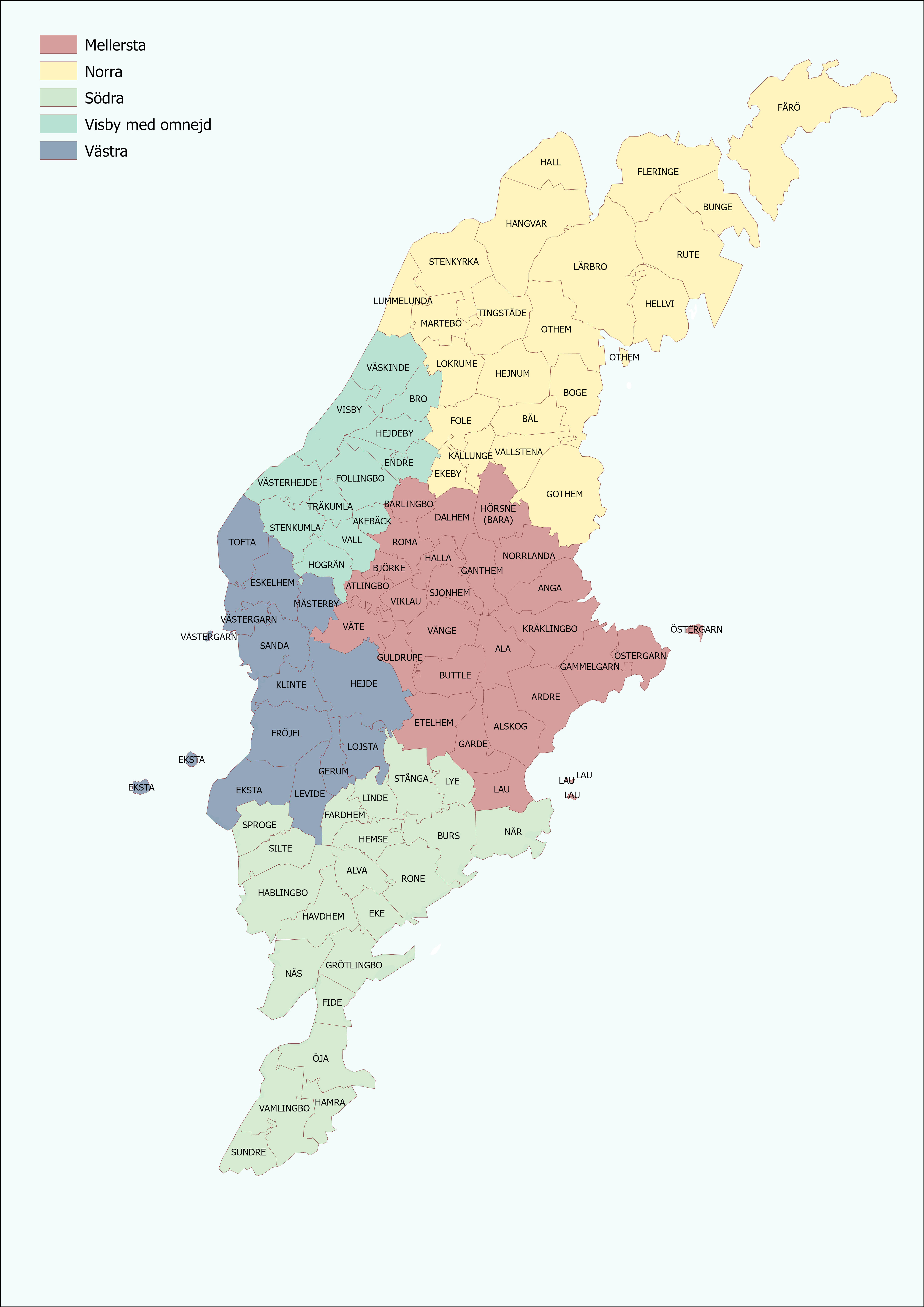 Karta över Gotland, med översiktsplanens fem delområden med sockenavgränsning.
