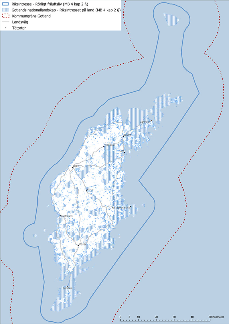 Kartan visar Gotland och riksintresse för rörligt friluftsliv och Region Gotlands ställningstagande till avgränsningen.