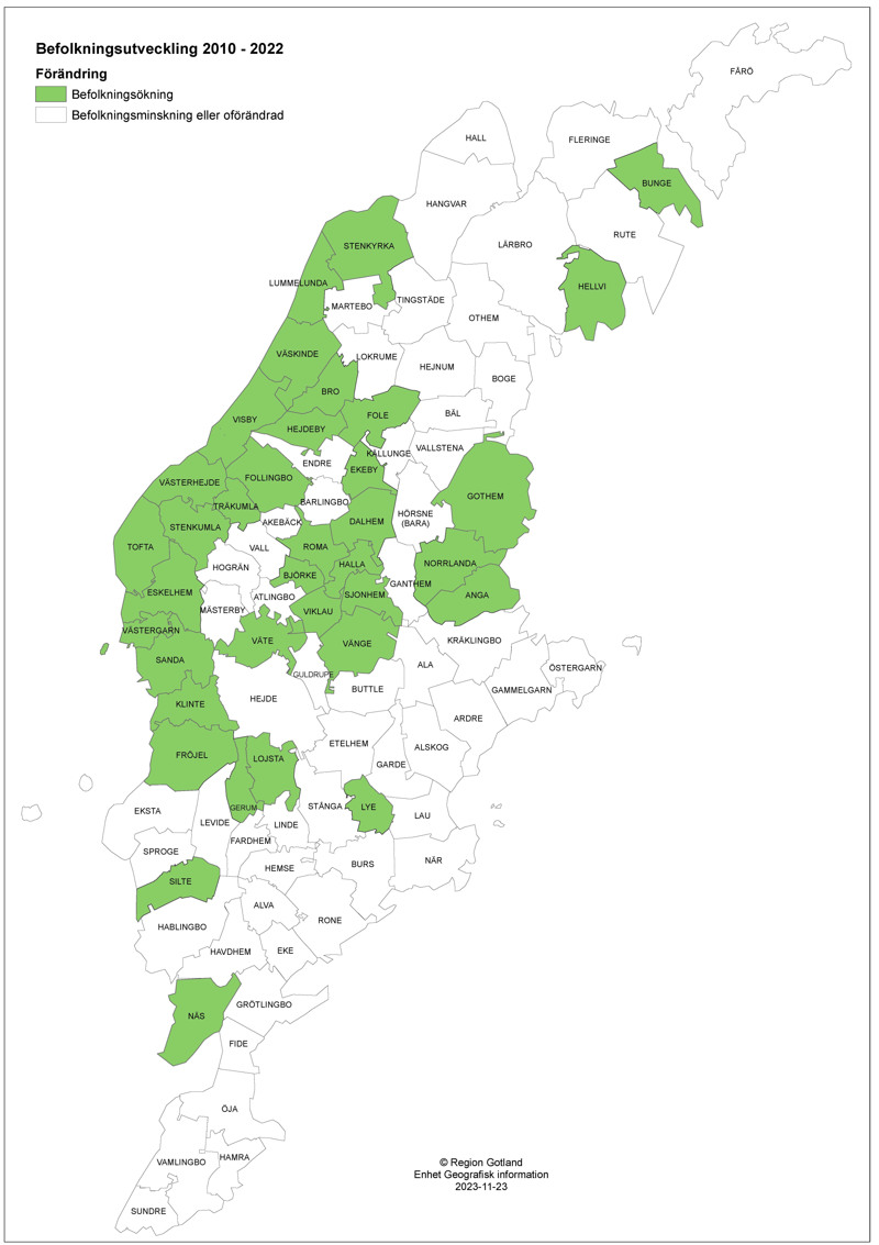 En karta med befolkningsutveckling på sockennivå mellan år 2010-2022, källa: Statistiska centralbyrån.