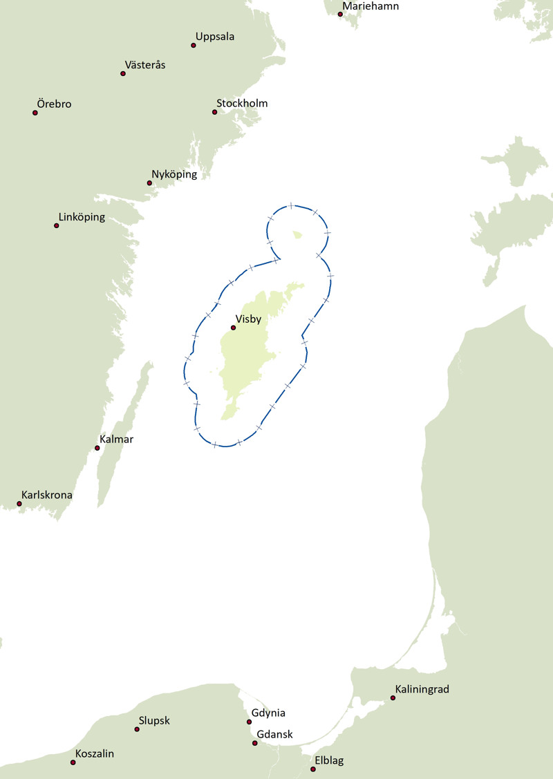 En karta över Region Gotlands yta med omland och dess läge i Östersjön.