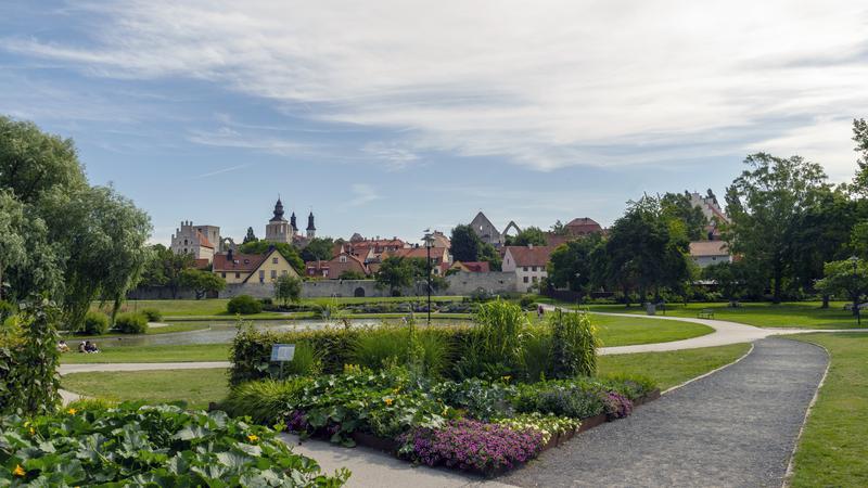 Almedalsparken med grönskande rabatter, gräsmattor och med ringmuren och Visby innerstad i bakgrunden