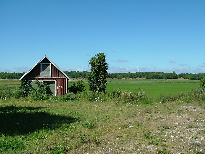 En röd liten stuga stående nära fältet.
