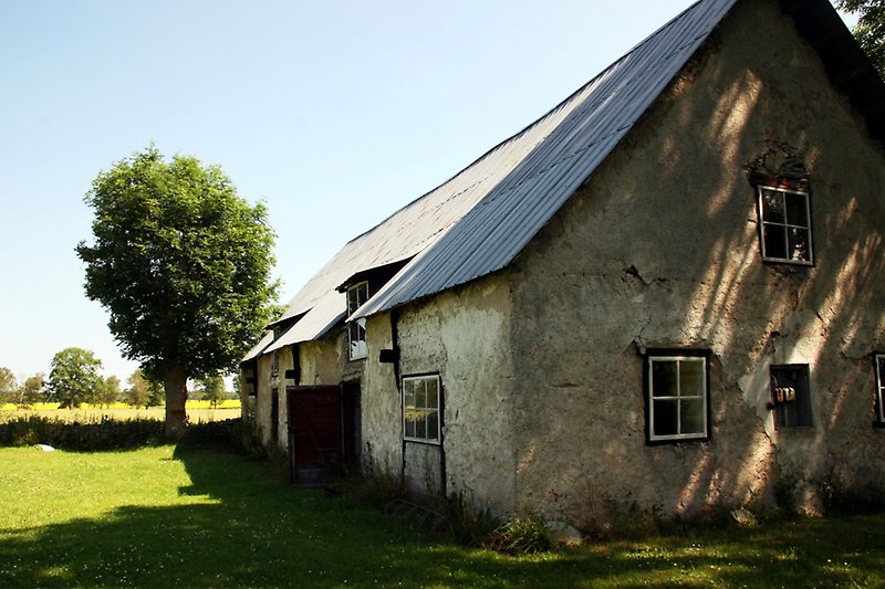 En gammal ladugård med putsade väggar och små vita fönster.