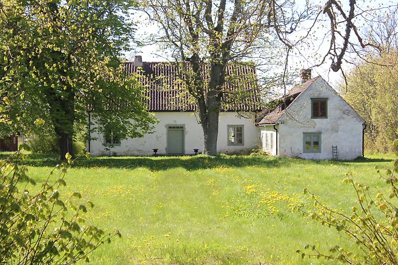 Ett vitt hus med med olivgröna fönster, olivgröna dörrar och ett rött tak med en skorsten.