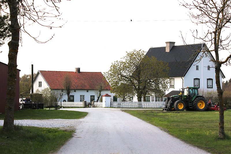 På höger sida av en liten landsväg står det en grön traktor och lite längre bort finns det flera vita hus.