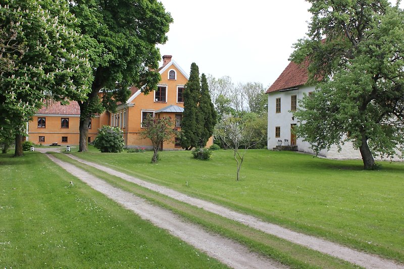 Orange hus och ett vitt gårdshus med nyklippt gräsmatta