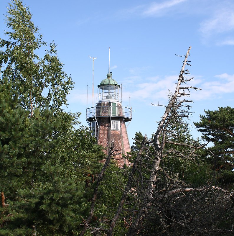 Genom ett skogsområdet kan man se Gotska Sandöns fyr.
